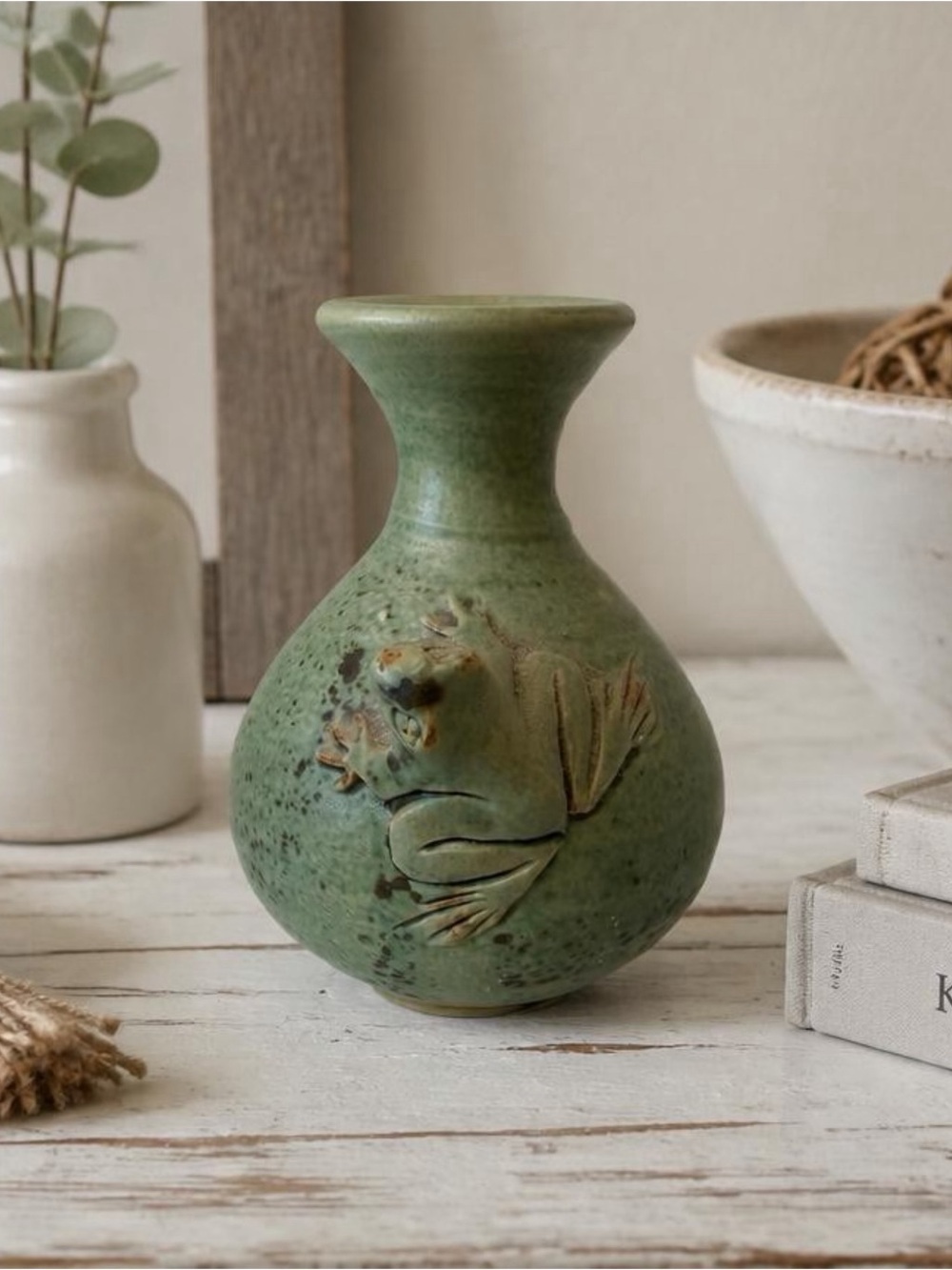 Indonesian handmade small bud vase Green Ceramic 3-D Frog Accent
